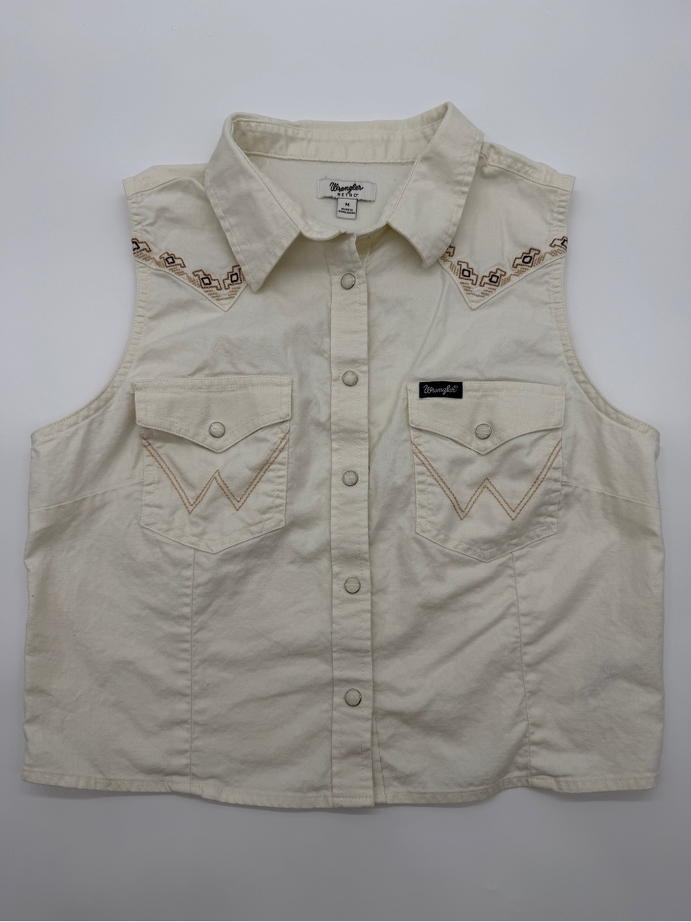 Retro Western Denim Vest Medium Cream Ivory Aztec Tribal Embroidery Cropped